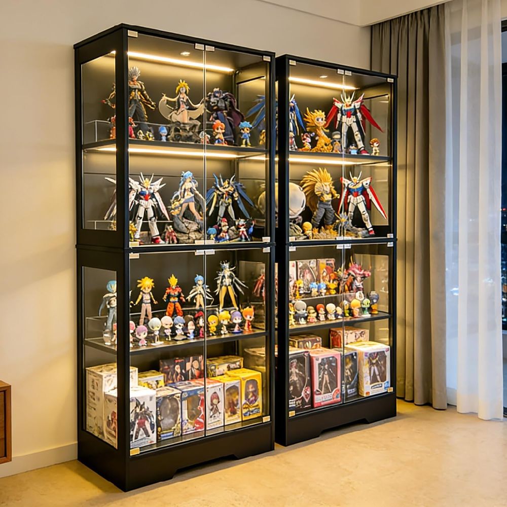 Collectible Collection - Dual-Tier Glass Display Cabinet with 3-Color