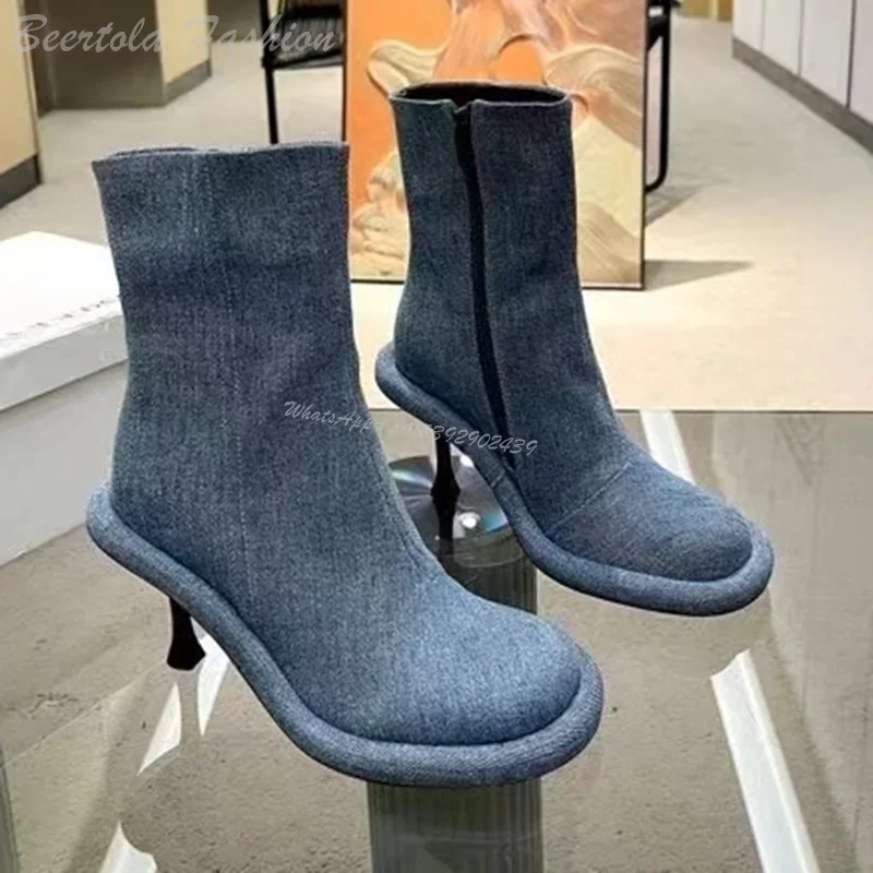 Vintage Zipper - Women Blue Denim Large Stiletto Boots