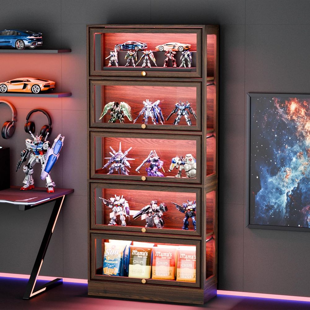 Collectible Collection - 5-Tier Walnut Acrylic Glass Display Cabinet