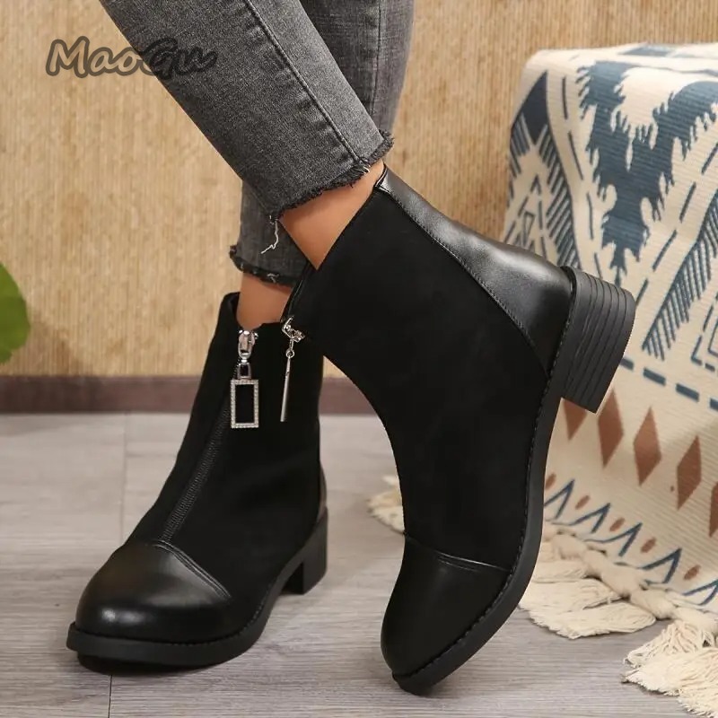 Vintage Zipper - Retro Solid Black Ankle Boots Women